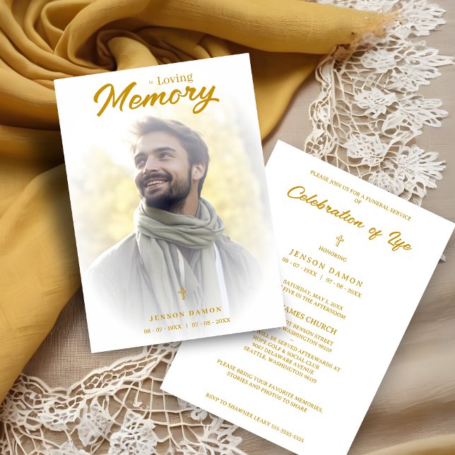 Invitation Exquisite Minimalist White Gold Gradient Photo (Exquisite Minimalist White Fake Golden Effect Transparency Overlay Photo Funeral Invitation Card)