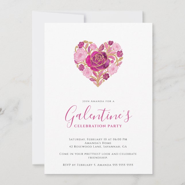 Invitation Exquisite Pink Floral Heart Galentine's Day Party  (Devant)
