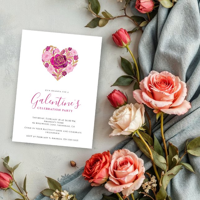 Invitation Exquisite Pink Floral Heart Galentine's Day Party  (Exquisite Floral Heart Galentine's Day Party Invitation Cards for Your Best Friends in Pink Shades.)