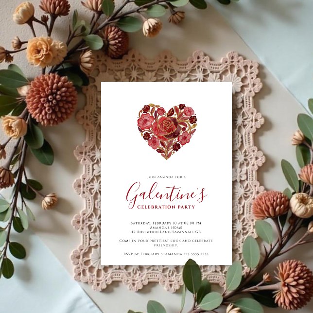 Invitation Exquisite Red Floral Heart Galentine's Day Party  (Exquisite Floral Heart Galentine's Day Party Invitation Cards for Your Best Friends in Red Shades )