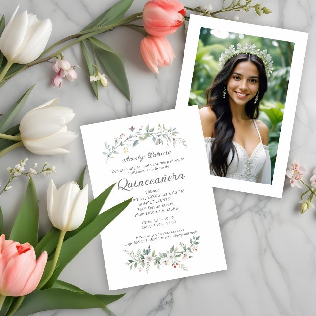 Invitation Exquisite Romantic Minimal Spring Floral Branches (Exquisite Romantic Minimalist Spring Floral Bouquet Quinceañera Spanish Invitations Cards with Photo)