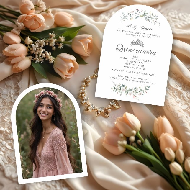Invitation Exquisite Romantic Minimal Spring Floral Tiara XVs (Exquisite Romantic Minimalist Spring Floral Bouquet Quinceañera Spanish Invitations Cards.)