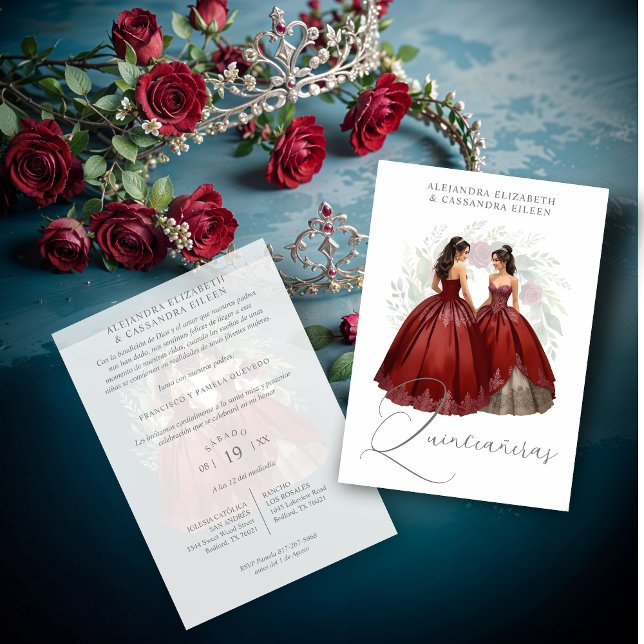 Invitation Exquisite Romantic Spanish Quinceañera Dolls Twins (Exquisite Romantic Spanish Quinceañera Dolls Twins Burgundy Invitations Cards.)