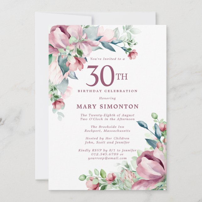 Invitation Exquisite Rose Fleur Rose 30e Anniversaire (Devant)