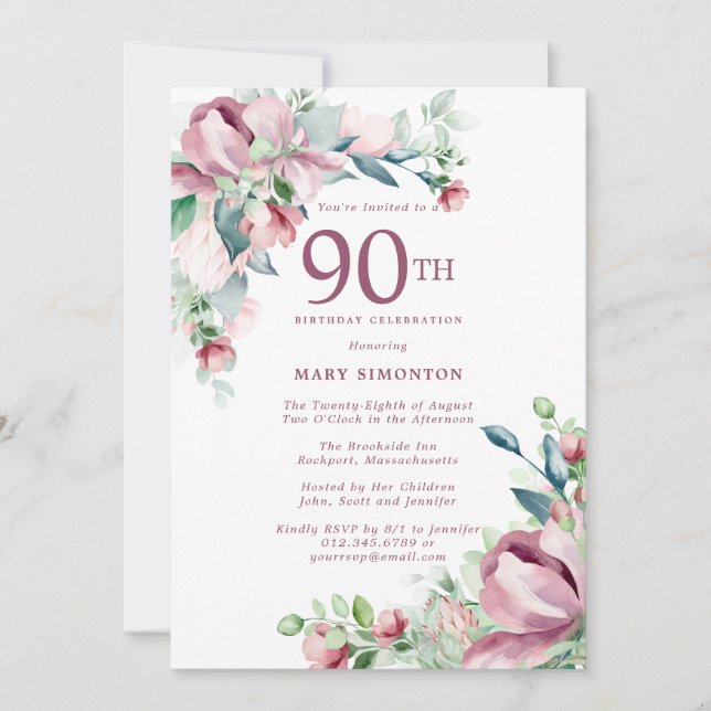 Invitation Exquisite Rose Fleur Rose 90e Anniversaire (Devant)