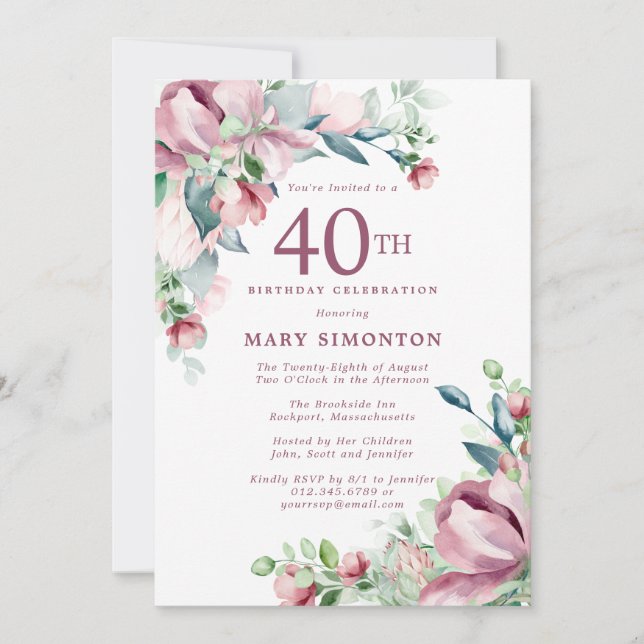 Invitation Exquisite Rose Florale Rose 40e Anniversaire (Devant)
