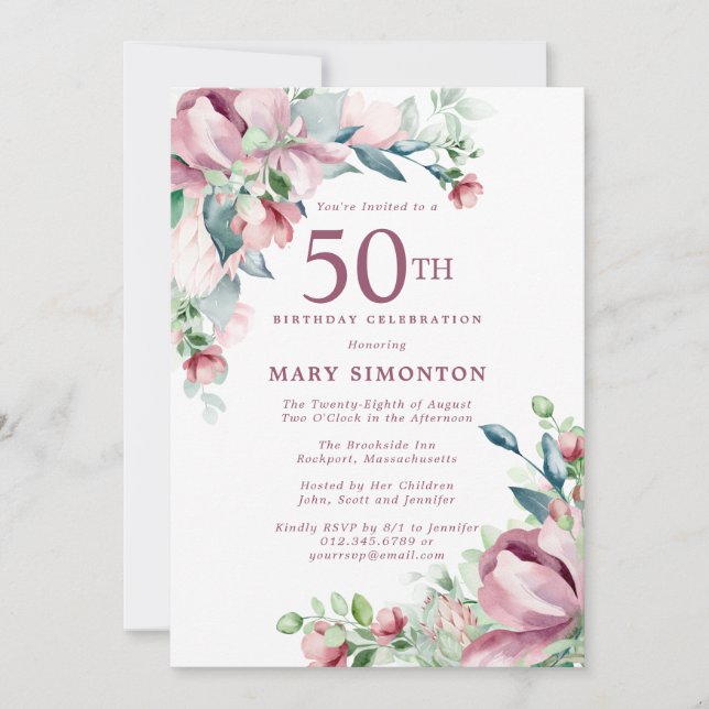 Invitation Exquisite Rose Florale Rose 50e Anniversaire (Devant)