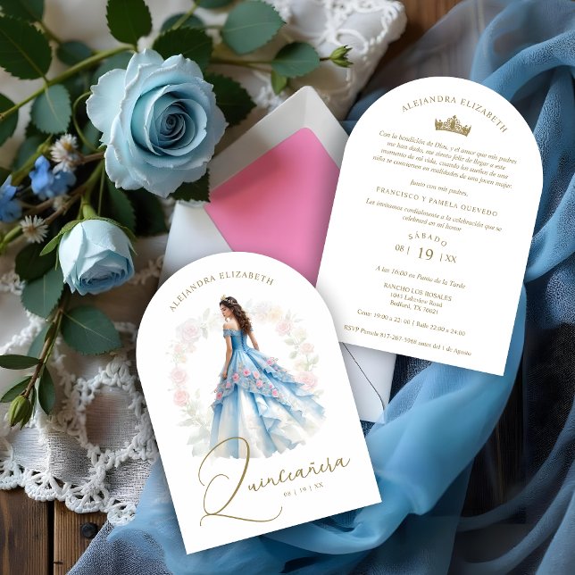 Invitation Exquisite Spanish Doll Quinceañera in Blue & Pink (Exquisite Romantic Chic Spanish Doll Quinceañera in Blue & Pink Ball Gown Invitations Cards.)