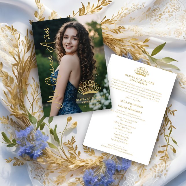 Invitation Exquisite Spanish Princess Crown Quinceañera Photo (Exquisite Spanish Princess Crown Quinceañera Photo Fancy Calligraphy Script Faux Gold Invitation.)