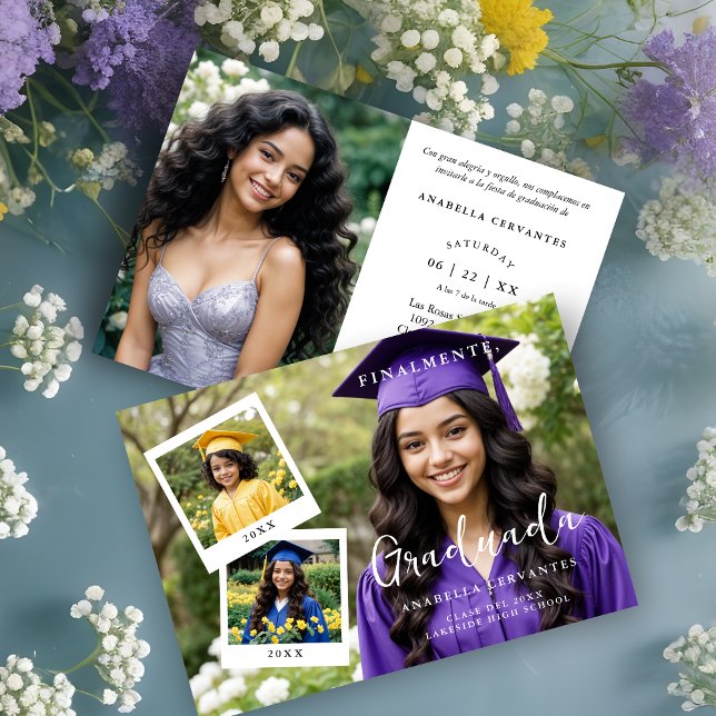 Invitation Exquisite Spanish Script Collage 4 Photos Timeline (Exquisite Spanish Script Collage 4 Photos Timeline Graduation Party Invitation Card with Funny Quote)