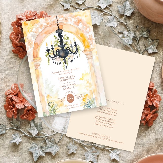 Invitation Exquisite Vintage Empire Style Chandelier Wedding (Exquisite Vintage Empire Style Chandelier Wedding Invitation Card Design with Elegant Garden Arch.)