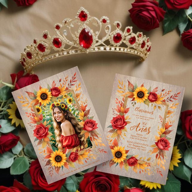 Invitation Exquisite Wood Botanical Frame Spanish Photo XVs (Exquisite Summer Rustic Wood Botanical Frame Spanish Photo Quineañera Invitations Cards.)