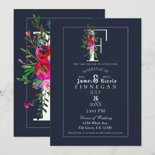 Invitation F Monogramme Dernière Initiale Moderne Bleu Floral