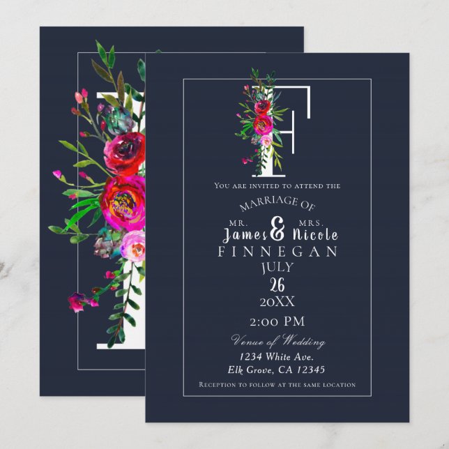 Invitation F Monogramme Dernière Initiale Moderne Fleurs Bleu (Devant / Derrière)