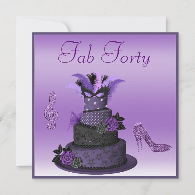 Invitation Fab 40 Purple Diva Cake, Sparkle Heels Anniversair (Devant)