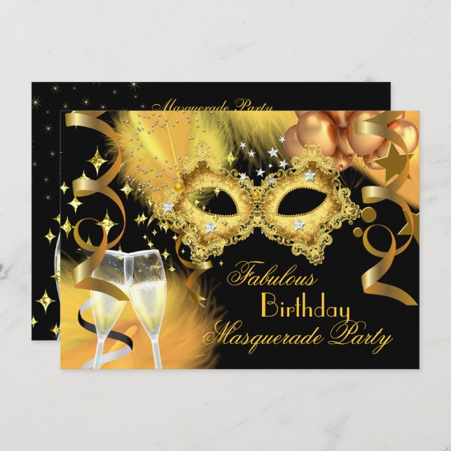 Invitation Fabrique Gold Black Masquerade fête d'anniversaire (Devant / Derrière)