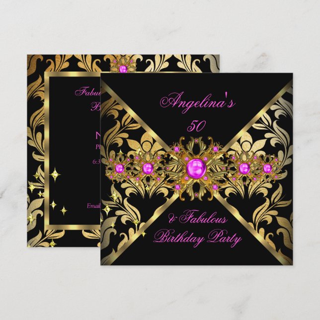 Invitation Fabrique Hot Pink Gold Black Damask (Devant / Derrière)