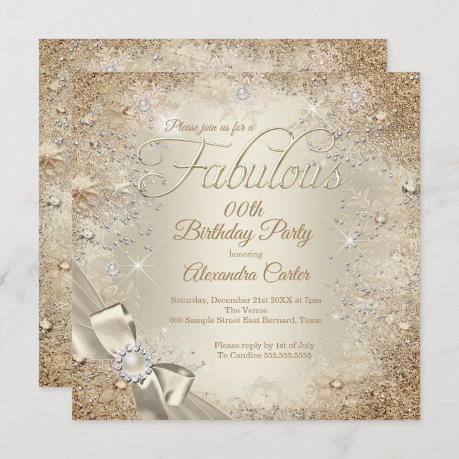 Invitation Fabrique Pearl Bow Beige Crème Or Snowflake (Devant / Derrière)
