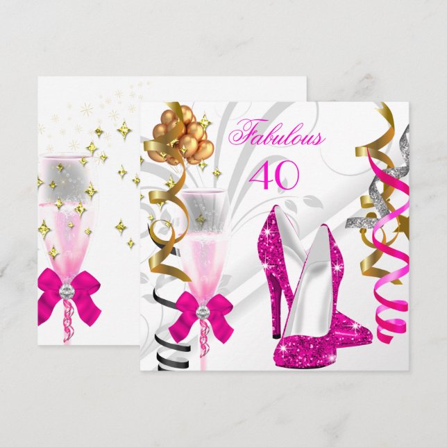 Invitation Fabulable 40 Rose Chaud Or Blanc Fête d'Anniversai (Devant / Derrière)