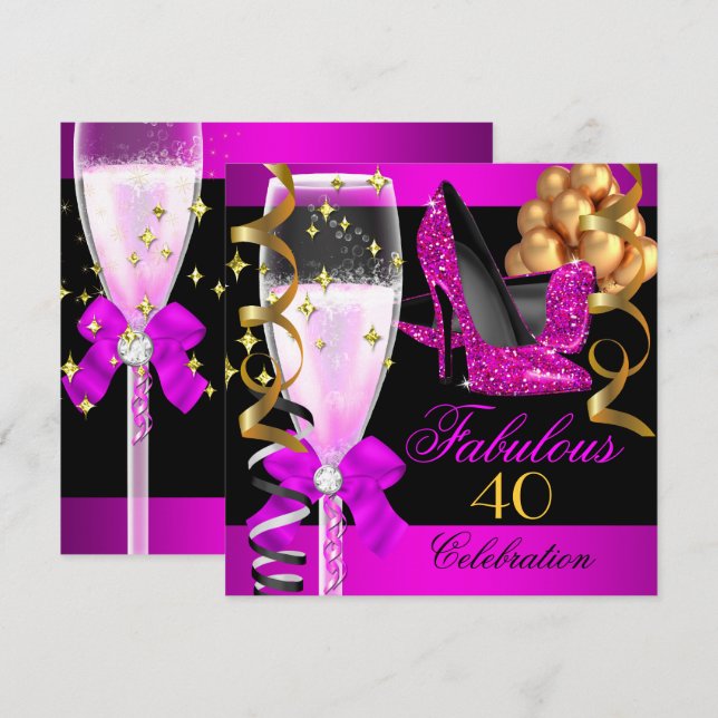 Invitation Fabulable 40ème Fête Rose Noir Champagne (Devant / Derrière)