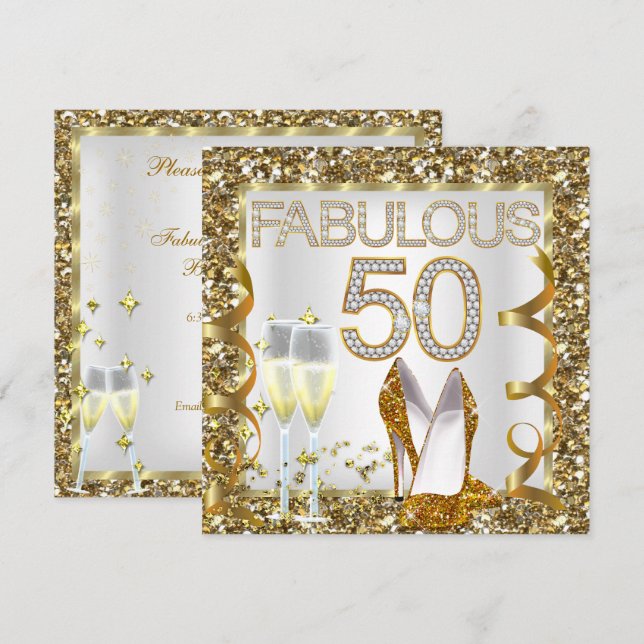 Invitation Fabulable 50 Paillettes Anniversaire Blanc Or (Devant / Derrière)