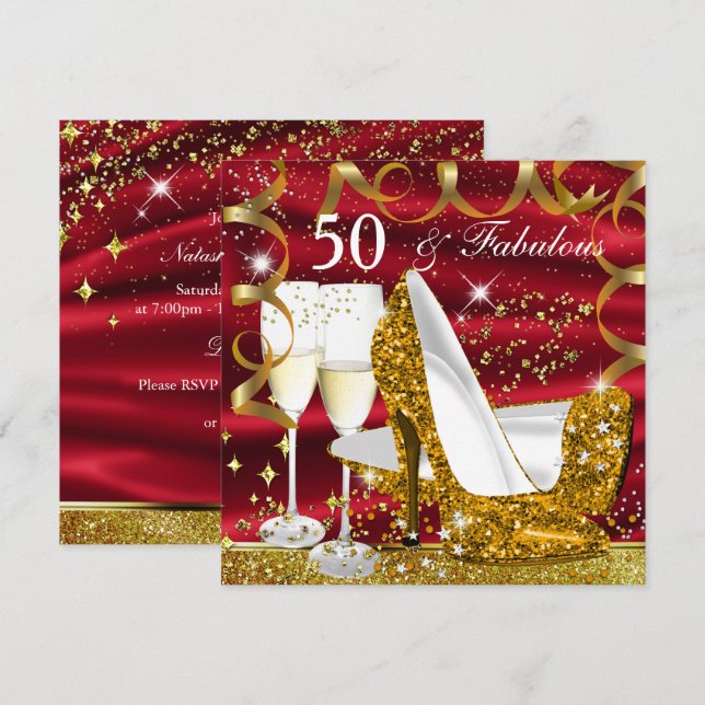 Invitation Fabulable 50 Paillettes Talon Doré Rouge Paillette (Devant / Derrière)