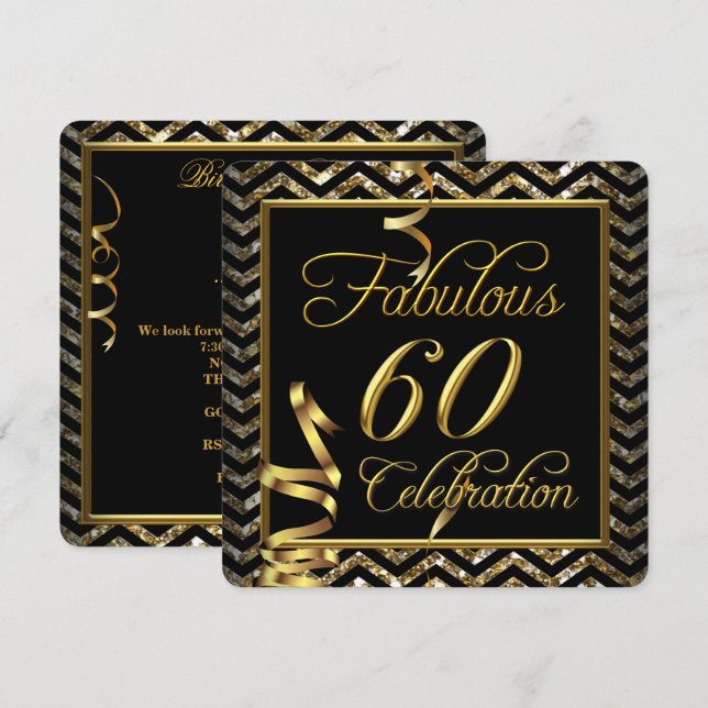Invitation Fabulable 60 Anniversaire Chevron Or Noir (Devant / Derrière)