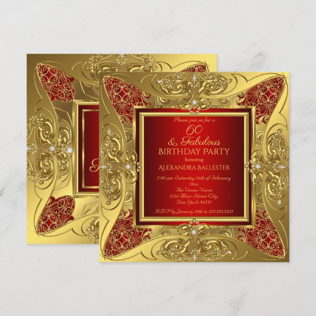Invitation Fabulable 60 ans Fête d'anniversaire Diamant Rouge (Devant / Derrière)