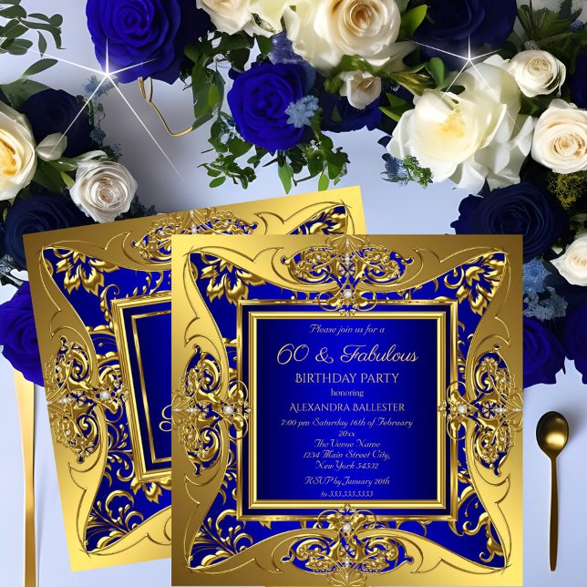 Invitation Fabulable 60 Royal Bleu Or Fleurie Fête d'Annivers (Créateur téléchargé)