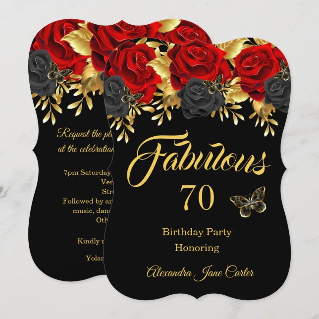 Invitation Fabulable 70e Anniversaire Rose Papillon Rouge Noi (Devant / Derrière)