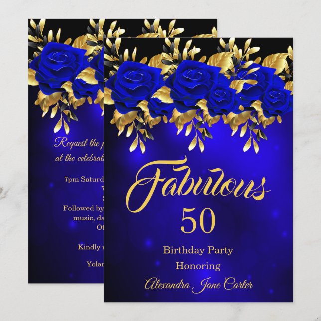 Invitation Fabulable Anniversaire Tout Âge Bleu Rose Or (Devant / Derrière)