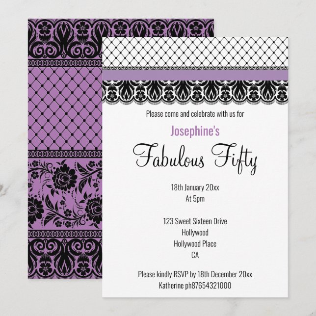 INVITATION FABULE PERSONNALISÉ ÉLÉGANT À 50 PURPLE LACE (Devant / Derrière)