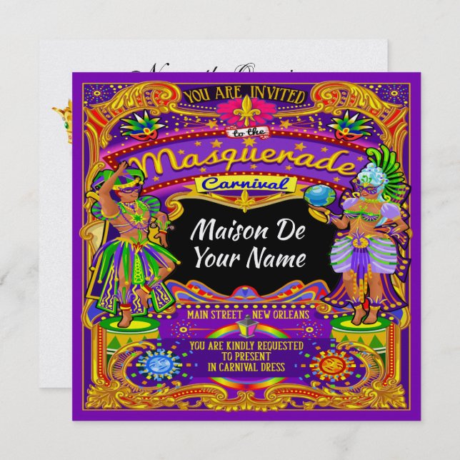 Invitation FABULEUSE Masquerade Mardi Gras Carnaval Invitatio (Devant / Derrière)