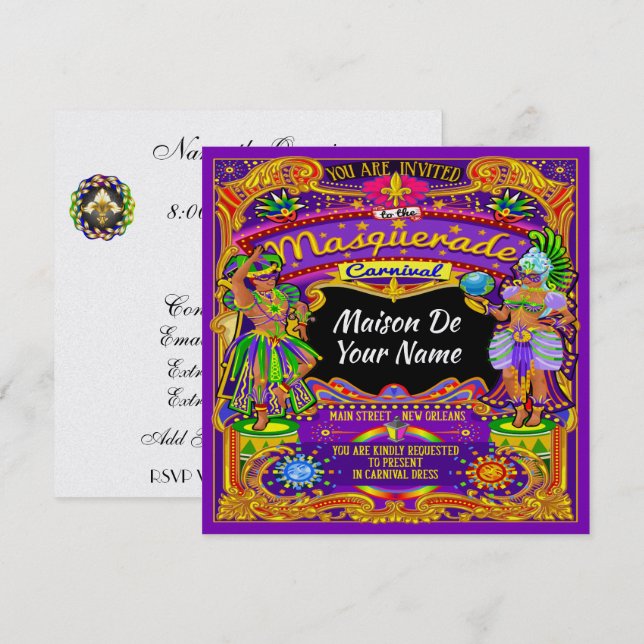 Invitation FABULEUSE Masquerade Mardi Gras Carnaval Invitatio (Devant / Derrière)