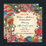 Invitation fabuleuse Tattoo Party<br><div class="desc">Joli, coloré et Edgy Tattoo invitation avec vieux matelas de marin d'oiseaux bleus, drapeau américain, coeur flamboyant, dés, crânes, papillons, roses, aigle, ancre, fer à cheval et étoiles contre le papier vintage grungy. Idéale pour tous les âges, cette invitation est parfaite pour les anniversaires, le sweet sixteen, les douches ou...</div>