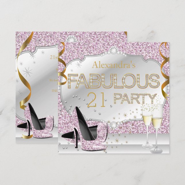 Invitation Fabuleux 21 Parties scintillant rose glamour fête  (Devant / Derrière)