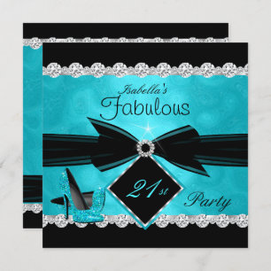 Invitation Fabuleux 21 Turquoise Black Silver fête d'annivers