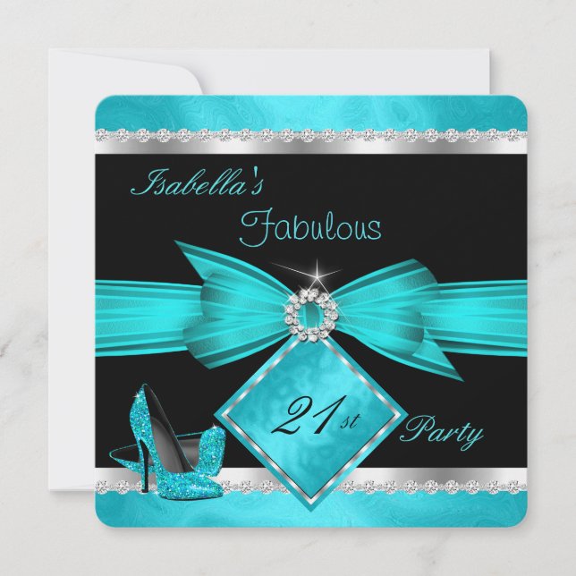 Invitation Fabuleux 21 Turquoise Black Silver fête d'annivers (Devant)