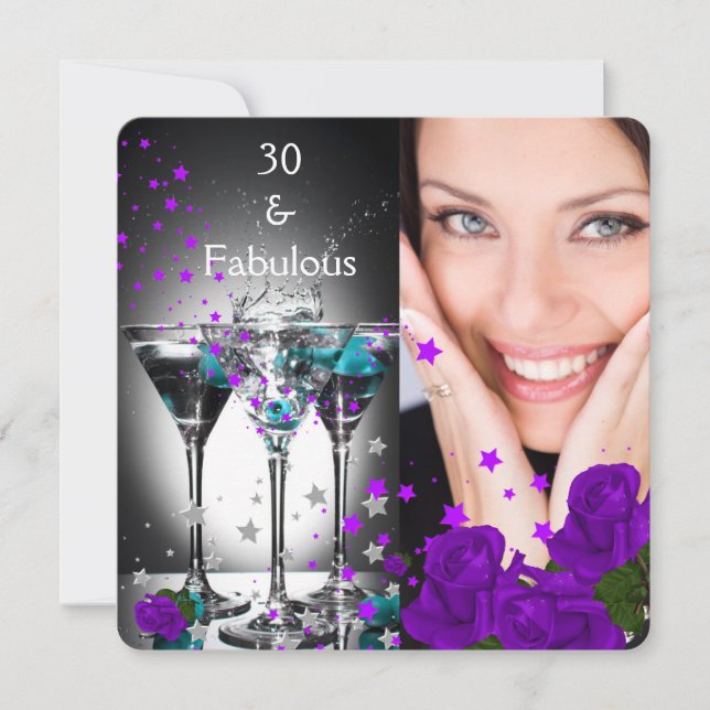Invitation Fabuleux 30 Anniversaire Turquoise violet Roses Ph (Devant)