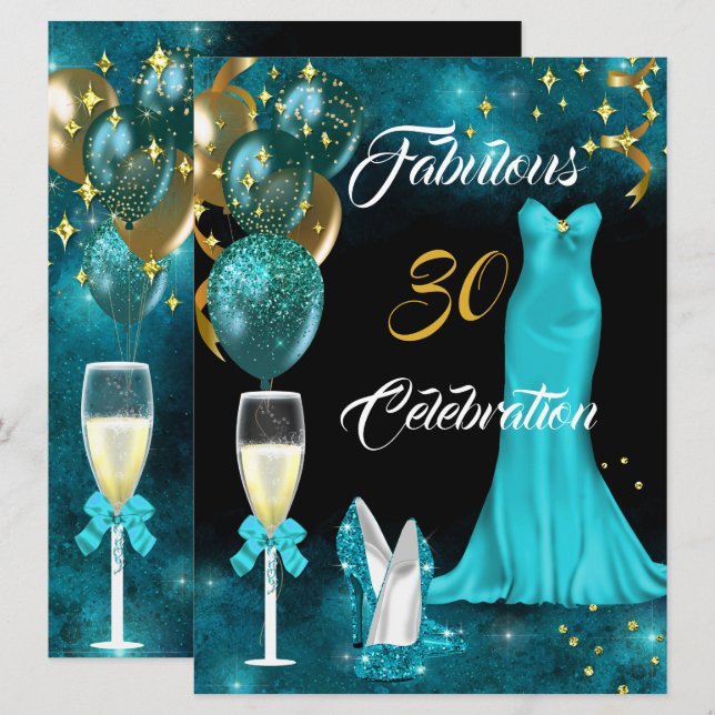 Invitation Fabuleux 30 Champagne Party Turquoise Blue Heels G (Devant / Derrière)
