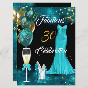 Invitation Fabuleux 30 Champagne Party Turquoise Blue Heels G