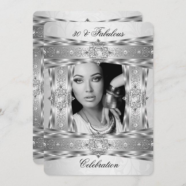 Invitation Fabuleux 30 Elegant Diamond Gem Silver White Photo (Devant / Derrière)