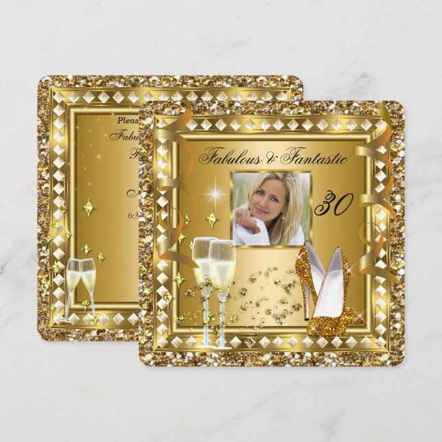 Invitation Fabuleux 30 Photo Gold Glam Hollywood Anniversaire (Devant / Derrière)
