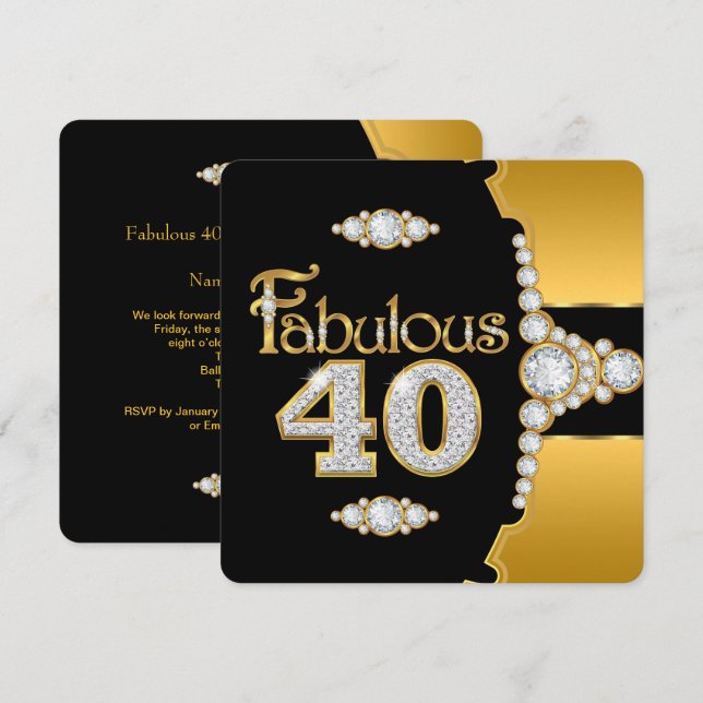 Invitation Fabuleux 40 40e Anniversaire Or Noir Diamant (Devant / Derrière)