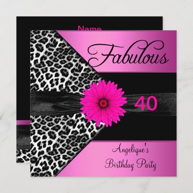Invitation Fabuleux 40 Anniversaire Fête Chaud Pink Leopard (Devant / Derrière)