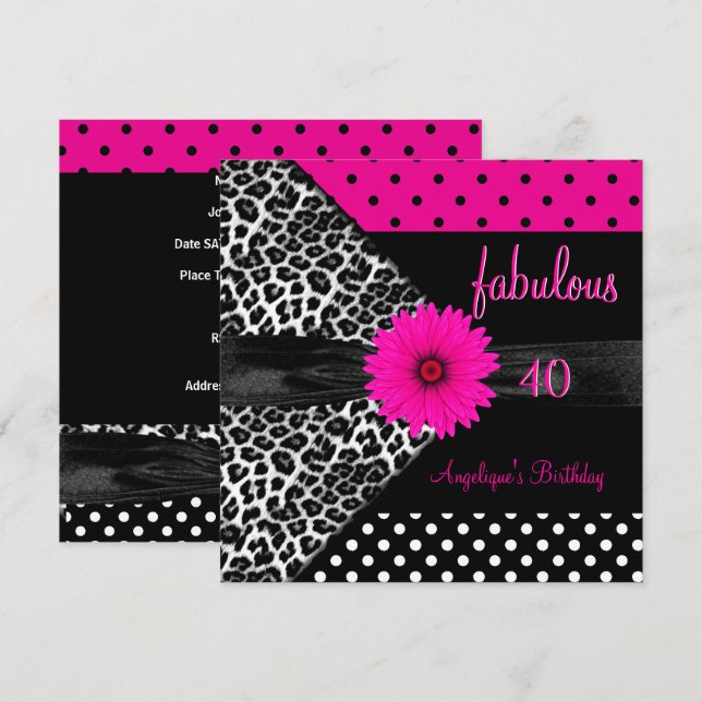 Invitation fabuleux 40 Anniversaire Zebra Spot Polka Dot (Devant / Derrière)