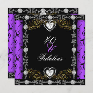 Invitation Fabuleux 40 Damask Floral Purple Black 40th Party