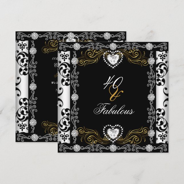 Invitation Fabuleux 40 Damask Or Noir Blanc Argent 40ème (Devant / Derrière)