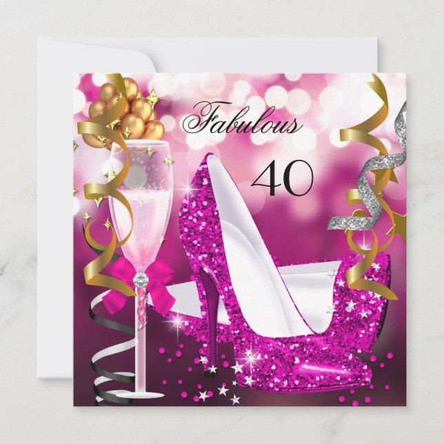 Invitation Fabuleux 40 Hot Pink Gold Bubbles Parties scintill (Devant)