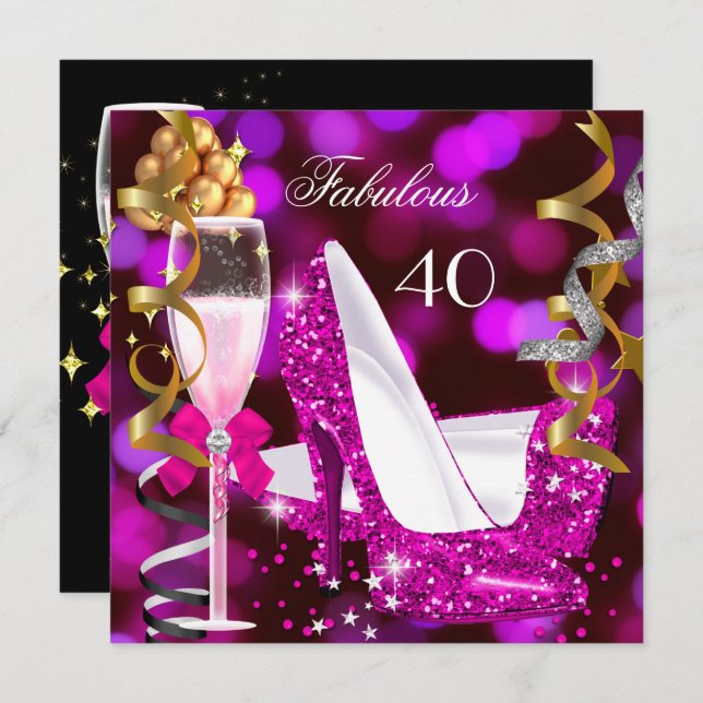 Invitation Fabuleux 40 Hot Pink Gold Bubbles Parties scintill (Devant / Derrière)